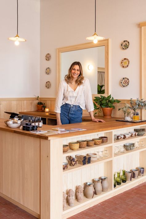 Front Desk Counter, Gift Shop Interiors, Cross Pollination, Retail Counter, Ceramic Store, Store Counter, Retail Space Design, Shop Counter, Counter Design