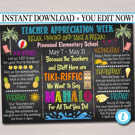 EDITABLE Beach Themed Teacher Appreciation Week Itinerary Poster Hawaiian Theme Appreciation Week Schedule Events INSTANT DOWNLOAD Printable #etsy #printablebanner #schoolfundraiser #teacherappreciation #appreciationweek #scheduleofevents #printableposter #ptoptaflyer #appreciationideas #beachthemeappreciation #appreciationweekideas #tidyladyprimtables Beach Themed Teacher Appreciation, Teacher Appreciation Themes, Invitation Poster, Staff Appreciation Week, Coffee Gift Basket, Week Schedule, Appreciation Ideas, Gourmet Gift Baskets, Invitation Text