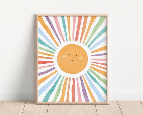 Nursery Illustration Prints, 4 Canvas Painting Ideas Wall Decor Diy, Playroom Art Prints, Sun Painting Easy, Weather Nursery, Toddler Playroom Decor, Nursery Sun, Art Soleil, Sunshine Nursery