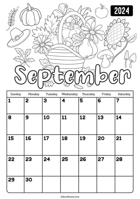 September Kalender, Calendar Worksheets, Printable Calendar Pages, Calendar For Kids, September Calendar, Book Stickers, Bullet Journal Printables, Coloring Calendar, Coloring Sheets For Kids