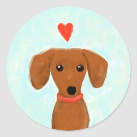 Dachshund Love | Cute Wiener Dog with Heart Classic Round Sticker Arte Dachshund, Dog With Heart, Dachshund Drawing, Dachshund Painting, Red Dachshund, Personalized Leather Dog Collar, Leather Dog Collar Custom, Luxury Dog Collars, Dog Collar With Name