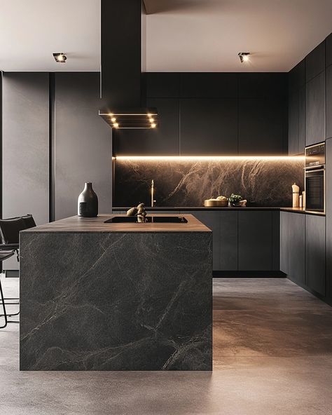 Moody Elegance: Dark Tones & High-End Kitchen Designs . . #LuxuryKitchens #MoodyInteriors #DarkKitchenDesign #HighEndHomes #ModernLuxury #InteriorDesignGoals #OpulentLiving #DarkElegance #KitchenInspo #DesignerKitchens #HomeDesignTrends #ArchitecturalDigest #InteriorInspiration #LuxuryInteriors #KitchenGoals Modern Black Fireplace, Kitchen Design Dark, Dark Kitchen Aesthetic, Designs For Small Kitchens, Modern Dark Kitchen, Side By Side Fridge, Moody Kitchen, Colorful Backsplash, Bold Kitchen