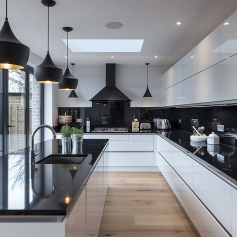 13+ Bold Black Worktop Kitchen Ideas for a Dramatic Effect • 333+ Art Images White Gloss Kitchen Black Worktop, Black Work Tops Kitchen, Kitchen Ideas With Black Worktop, Black Worktop Kitchen Ideas, Black Worktop Kitchen, Luxury Black Kitchen, Kitchen Countertops Ideas, Black Quartz Countertops, Black Kitchen Countertops