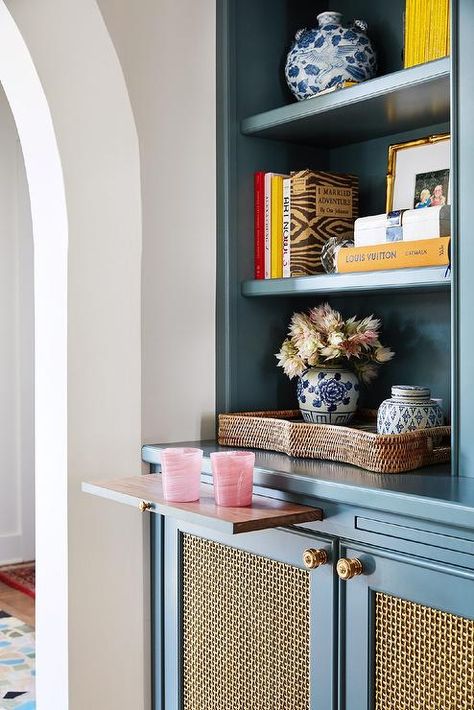 Blue Built Ins, Pull Out Shelf, Grey Laundry Rooms, Mudroom Cabinets, White Shaker Cabinets, Oak Shelves, Home Office Ideas, Studio Kitchen, Living Room Cabinets