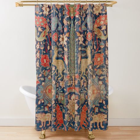 Extra-long decorative fabric shower curtains with 12 button holes. Comes ready to hang. Vivid, full-color printed on front and white on back. Fits most standard size tubs and showers. Wool textile form Northern Iran, 17th Century Jewel Tone Shower Curtain, 1900 Bathroom, Gold Shower Curtain, Animal Shower Curtain, Rug Print, Bath Curtain, Victorian Decor, Button Holes, Guest Bath