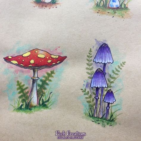 Color Pencil Mushrooms, Colored Mushrooms Drawing, Mushroom Drawing Colored Pencil, Colored Pencil On Wood, Mushroom Drawing Colorful, Colored Pencil Mushroom, Magic Mushroom Drawing, Mushroom Art Drawing, Mushroom Painting Ideas