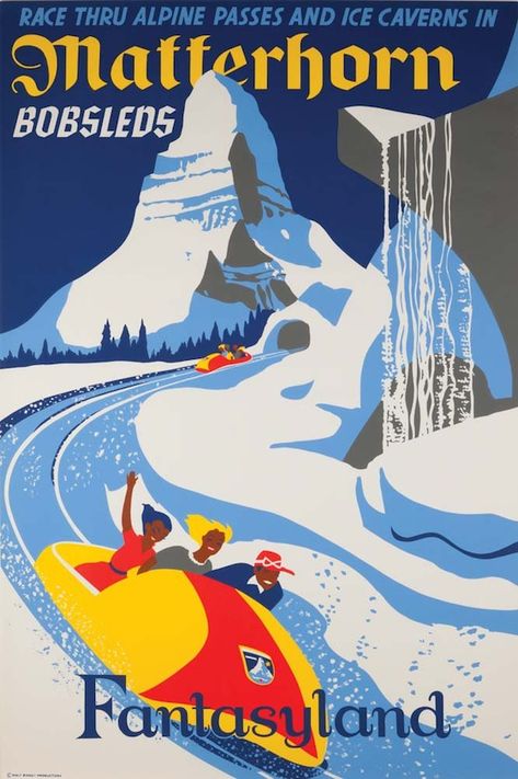 Disneyland Vintage Poster, Matterhorn Disneyland, Vintage Disney Poster, Vintage Disney Posters, Disneyland Vintage, Disneyland Attractions, Disneyland Rides, Disney Attractions, Retro Disney