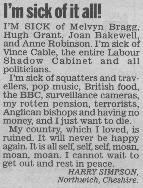 Best Daily Mail reader letter, ever! Room 101, Dream Sequence, Annoying Things, Healthy Videos, Fish And Chip Shop, I M Sick, Hugh Grant, Im Sick, Just My Type