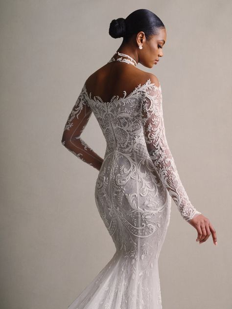 An intricately handcrafted embroidery and Chantilly lace gown featuring a sheath silhouette, sweetheart neckline, and embroidered long sleeves, with a detachable overskirt option. Chantilly Lace Dress, Corset Training, Chantilly Lace, Pretty Shoes, Lace Gown, Wedding Gown, Sweetheart Neckline, Embroidery Design, Wedding Hairstyles