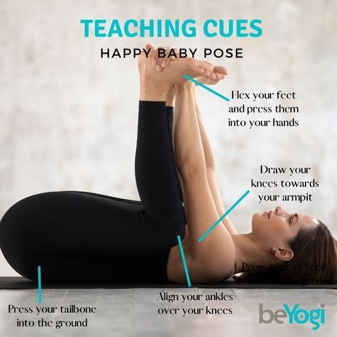 Yoga Poses Happy Baby, Yoga Teaching Cues, Happy Baby Yoga, Baby Yoga Poses, Yoga Alignment, Happy Pose, Hata Yoga, Yoga Teacher Resources, Yoga Education