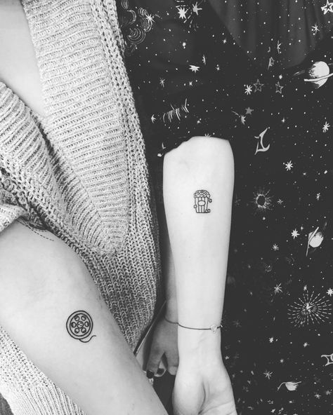 Small Movie Themed Tattoos, Movie Couple Tattoos, Tattoos For Movie Lovers, Minimalist Movie Tattoo, Simple Movie Tattoos, Cinephile Tattoo, Tv Tattoo Ideas, Movie Lover Tattoo, Movie Reel Tattoo