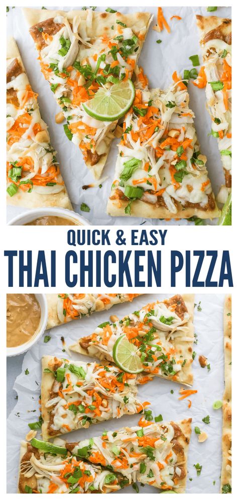 This Asian-inspired Thai chicken pizza with spicy peanut sauce will make you skip take-out all month. It's packed with crunchy green onions, sweet carrots, and cilantro for the perfect bite. #thaipizza #chickenpizza #thaichickenpizza #pizzarecipe #thaichicken #thaiflatbread Thai Chicken Pizza With Peanut Sauce, Thai Pizza Recipe, Thai Pizza, Weird Pizza, Thai Chicken Pizza, Chicken Pizza Recipe, Sweet Carrots, Basil Pizza, Thai Chicken Curry