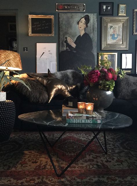 Nicola Broughton-"The Girl with the Green Sofa"Blog HomeCatherine Ashton's Dark and Moody Abigail Ahern Inspired Home Bohemian Style Living Room, Bohemian Style Living, Moody Interiors, Dark Home, Boho Interiors, Dark Walls, Dark Interiors, Eclectic Interior, Boho Interior