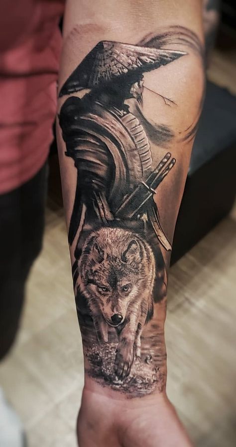 Wolf Tattoo Forearm, Tato 3d, Samurai Warrior Tattoo, Wolf Tattoos Men, Wolf Tattoo Sleeve, Samurai Tattoo Design, Men Tattoos, Forarm Tattoos, Forearm Sleeve Tattoos