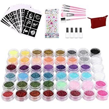 Glitter Tattoos Kit 48 Colors Waterproof Temporary Tattoos with 203 Stencils, 5 Brushes 4 Glue, Body Nail Art, Body Glitter Festival Party (48 Colors) Body Nail Art, Body Glitter Festival, Glitter Tattoo Kit, Glitter Tattoo, Art Body, Tattoo Kits, Body Glitter, Art Kit, Temporary Tattoos