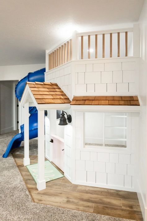 Lofted Play Space, Playroom With Slide, Playroom House, Basement Playground, Playroom Playhouse, Basement Playhouse, Basement Playroom Ideas, Play Nook, Playhouse With Slide