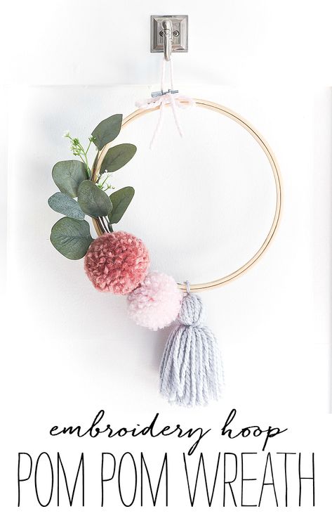 Pom Pom Embroidery Hoop Wreath for Spring - It All Started With Paint Pom Pom Heart Wreath, Pom Pom Embroidery, Embroidery Hoop Wreath, Embroidery Hoop Decor, Hoop Wreaths, Tassels Tutorials, Pom Wreath, Wreath Embroidery, Pom Crafts