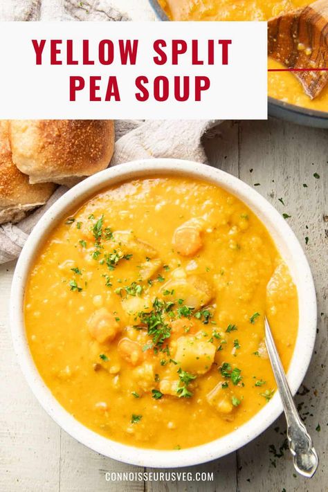 This yellow split pea soup soup is hearty, satisfying, and loaded with flavor. It's also super easy to make in one pot. Pair it up with some crusty bread for a comforting meal that everyone will love. It's vegan and gluten-free too! Vegan Yellow Split Pea Soup, Pea Soup Without Ham, Yellow Split Pea Recipes, Yellow Pea Soup, Yellow Split Pea Recipe, Yellow Split Pea, Vegan Tortilla Soup, Yellow Split Pea Soup, Easy Vegan Soup