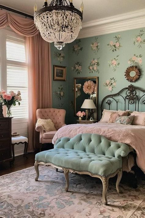 Pastel Bedroom Decor, Mint Green Room, Green Room Design, Cottage Rooms, Eclectic Decor Bedroom, Whimsical Bedroom, Pastel Bedroom, Cozy Homes, Floral Bedroom