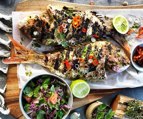 Three Blue Ducks' barbecued whole fish with lemongrass and lime leaves Easter Fish Recipes, Grilling Vegetarian, Panel Wall Design, Wooden Panel Wall, Barbecue Fish, Bbq Utensils, Whole Fish Recipes, Cooking Japanese, Best Fish Recipes