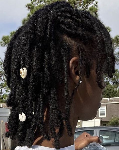 Locs And Earrings, Shells In Locs, Loc Jewelry On Short Locs, Locs With Shells, Earthy Clothes, Loc Goddess, Bing Bong, Loc Jewelry, High Ponytails