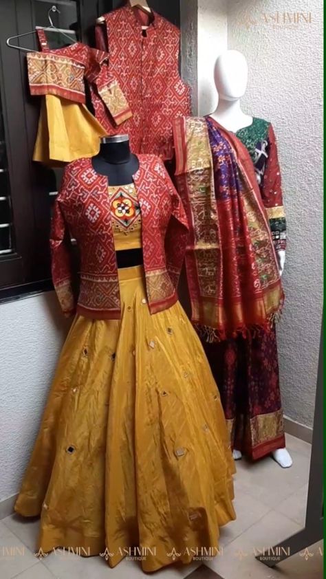 Patola Suit Designs, Patola Chaniya Choli, Indo Western Dress For Girls, Floral Blouse Designs, Creative Letters, Jacket Lehenga, Western Dresses For Girl, Indian Dress Up, Ladies Kurti