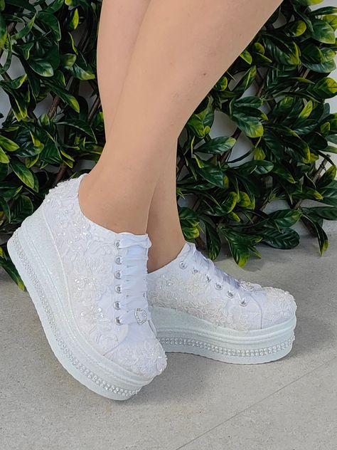 Wedding Platform Sneakers, Sneakers For Bride, Hidden Heel Sneakers, Wedding Sneakers For Bride, Bride Sneakers, Wedding Platform, Women Shoes Sneakers, Bridal Sneakers, Lace High Heels