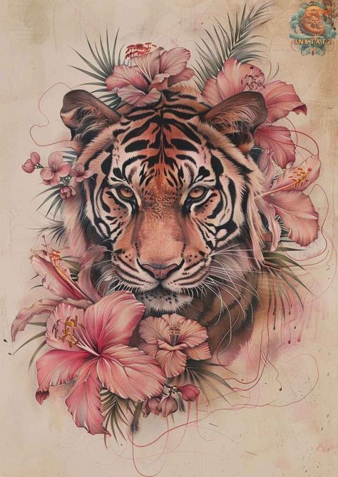 Tiger And Hibiscus Tattoo, Shoulder Tattoos For Women Animal, Thigh Tiger Tattoo Women, Tiger Tattoo Cover Up, Cover Up Tattoos Large, Girly Tiger Tattoo, Pretty Animal Tattoos, Tattoo Cover Ups For Women, Tiger Woman Tattoo