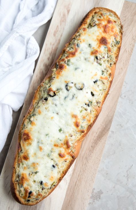 Cheesy Olive Tapenade Stuffed French Bread Olive Tapenade Uses, Tapenade Uses, Olive Cheese Bread Recipe, Olive Cheese Bread, Stuffed French Bread, Recipes For Pasta, Olive Tapenade Recipe, Bread Boats, Tapenade Recipe