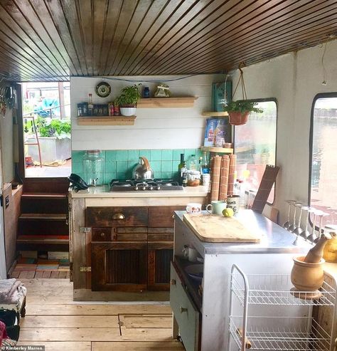 Model avoids mortgage trip by refurbishing her own barge | Daily Mail Online Dutch Barge Interior, Barge Houseboat, Narrow Boat Interior, Amsterdam House Boat Interior, Dutch Barge Houseboats, Barge Interior, Canal Boat Interior, Barge Boat, Shanty Boat