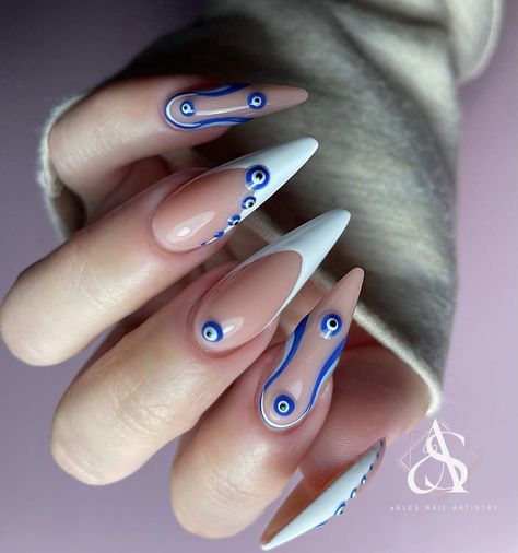 Greek Nails Designs Blue, Greek Eye Nails, Greek Nail Art, Greek Nails Designs, Greek Nails, Nails With Blue, Stilleto Nails Designs, Evil Eye Nails, Eye Nail Art