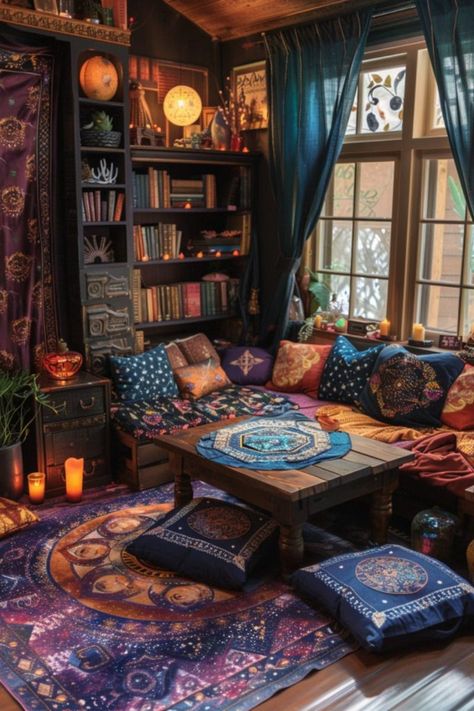 29 Earthy Boho Witchy Bedroom Themes Witchy Corner Decor, Boho Reading Corner, Boho Witchy Bedroom, Rh Bedroom, Tarot Room, Witchy Room Aesthetic, Witchy Living Room, Tarot Reading Room, Witchy Bedroom Ideas