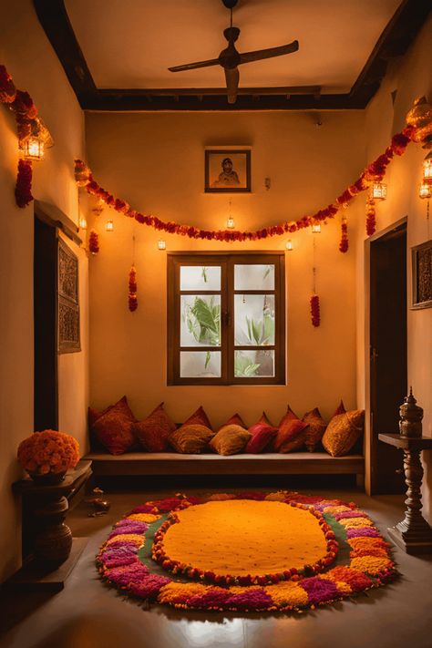 Diwali decoration for Indian house India Home Decor Ideas Indian Style, Diwali Decorations At Home Living Rooms, Diwali Wall Decor, Layering Lighting, Diwali Inspiration, Home Decor Ideas Indian Style, Diy Floral Decor, Neutral Color Palettes, Diwali Decorations At Home