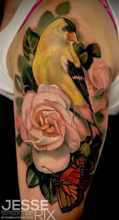 Bird-tattoos-golden-finch-tattoo-realistic-flower- by jesserix Bird Tattoo Realistic, Goldfinch Tattoo, Yellow Bird Tattoo, Realistic Bird Tattoo, Butterfly And Flower Tattoo, Finch Tattoo, Realistic Flower Tattoo, Bird Tattoo Meaning, Black Bird Tattoo