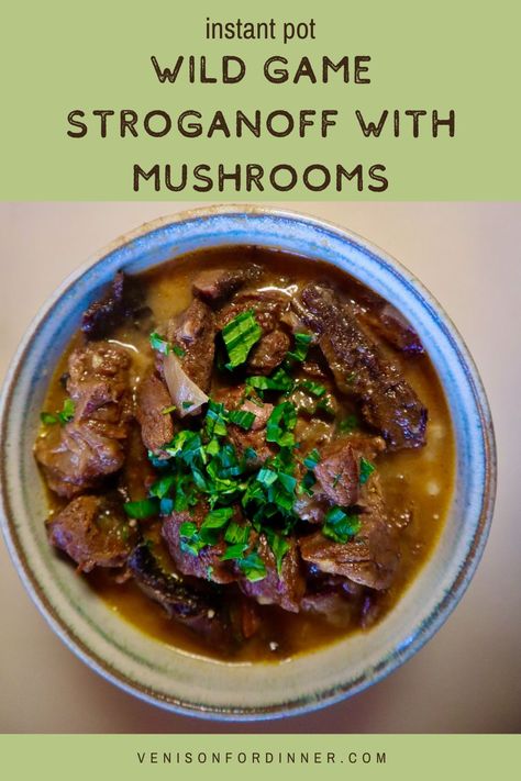 Instant Pot Wild Game Stroganoff with Mushrooms - Venison for Dinner Venison Steak Recipes Instant Pot, Venison Instapot Recipes, Venison Recipes Instant Pot, Instant Pot Venison Recipes, Venison Instant Pot Recipes, Venison Tips Recipe, Venison Instant Pot, Elk Stroganoff, Venison For Dinner