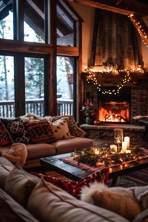 Incorporating Winter Decor into a Rustic Home Winter Lodge Decor, Winter Living Room Decor, Cabin Christmas Decor, Lodge Aesthetic, Cozy Winter Decor, Winter Lodge, Winter Living Room, Winter Cottage, Cabin Christmas