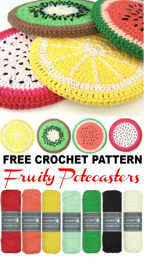 Fruit Coasters, Crochet Pot Holders Free Pattern, Crochet Store, Crochet Potholder Patterns, Crochet Hot Pads, Crochet Fruit, Potholder Patterns, Crochet Coaster Pattern, Crochet Coaster