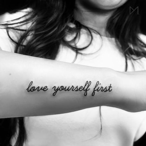 Love Yourself First Tattoo Live Yourself First Tattoo, Love Yourself First Tattoo Fonts, Tattoo Love Yourself, Love Yourself First Tattoo, Old School Design, Christian Sleeve Tattoo, Love Yourself Tattoo, Good Tattoo Quotes, Self Love Tattoo