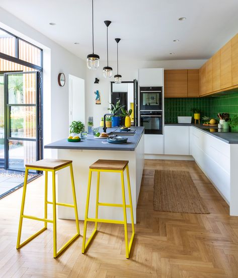 Open Plan 1930s Semi, 1930s Semi Kitchen Extension, Modern Funky Kitchen, Postmodern Interior Design Kitchen, Garden Room Kitchen, Front Kitchen Design, Semi Open Plan Kitchen Living Room, Open Kitchen Into Living Room, Island Front Ideas