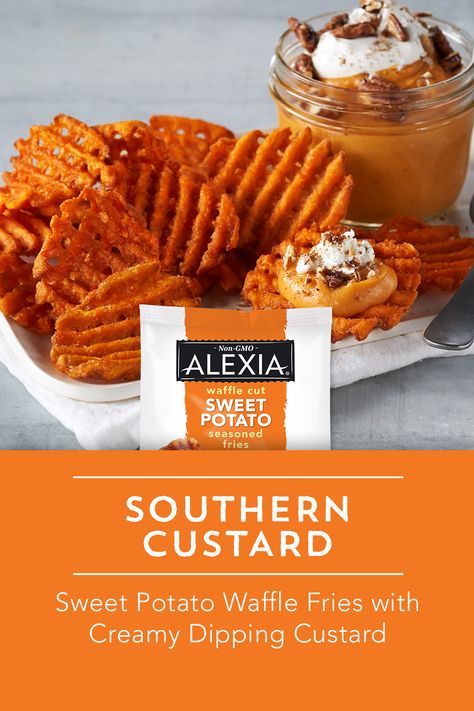 French Fries for dessert? You bet! ALEXIA Non-GMO Waffle Cut Sweet Potato Fries are delicious when dipped in this creamy sweet potato and coconut custard topped with toasted pecans. Simply bake your frozen Waffle Cut Fries in the oven or air fryer while you prep the custard. Then serve on a platter with custard filled mason jars or bowls for a flavorful dessert at your next get together! Sweet Potato Waffle Fries, Sweet Potato Seasoning, Seasoned Fries, Potato Waffles, Custard Recipe, Sweet Potato Waffles, Waffle Fries, Coconut Custard, Custard Recipes