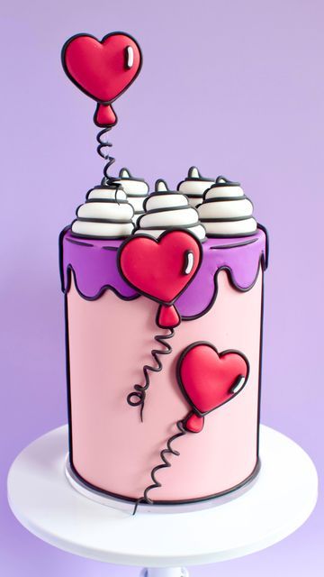 Mandy Lynn on Instagram: "Happy Valentine’s Day friends! Love is literally in the air with this heart balloon comic cake ❤️🎈😍 How do we feel about comic cakes, are they here to stay or on the outs? Let me know what you think! I also wanted to shout out the lovely @ladyberrycupcakes who shared the Saran Wrap technique to achieve those puffy rounded edges, such a clever idea! 💕 In other news, I’m super excited to share that I now have a @frostform code to share with you all! Use code “BOWMAN10” Cartoon Cakes For Kids, Frost Form, Mini Pastelitos, Sugarpaste Flowers, Comic Cake, Cake Magic, Cake Styles, Cake Varieties, Cartoon Birthday Cake