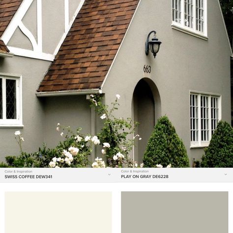 Dunn Edwards color Color Exterior House Colors, Brown Roof Houses, Stucco Colors, Exterior Color Palette, Exterior House Colors Combinations, House Paint Color Combination, Brown Roof, Gray House, Stone Exterior