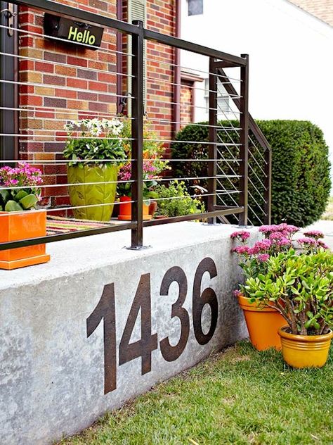 Large Painted on Modern House Numbers - Ways to Display House Numbers Front Door Lighting, Entry Lighting, Modern Front Door, Porch Railing, House Number Sign, Number Sign, Front Entry, House Number, Stair Railing