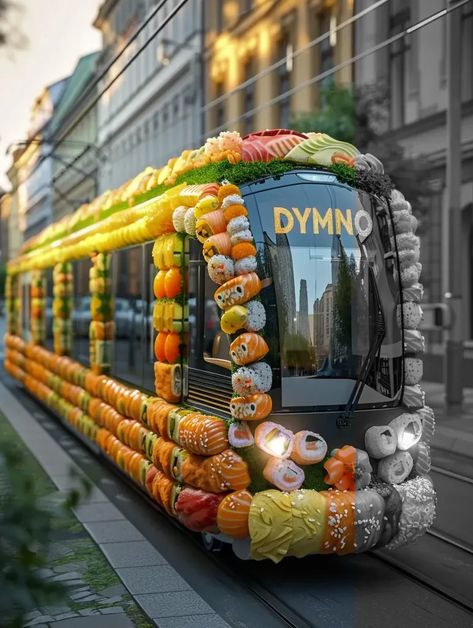 Full Color Image in ai-img-gen.com 🔸 A train made of sushi, the exterior is covered in real loaf sushi. sign "DYMNO" 🔸 From Midjourney AI Image Street With Buildings, A Train, Colour Images, A Sign, Japanese Food, Train, Exterior, Color