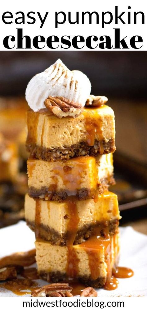 Pumpkin Cheesecake Bars | Quick, easy and baked in a 9x13 pan! A simple gingersnap cookie crust is topped with a pumpkin cheesecake layer that's loaded with those traditional Fall flavors of cinnamon and nutmeg. Then it's finished off with caramel, toasted pecans and a dollop of whipped cream. Layered Pumpkin Cheesecake, Cheesecake Layer, Pumpkin Cheesecake Bars, Ginger Snap Cookies, Salty Cake, Fall Flavors, Cookie Crust, Party Recipes, Toasted Pecans