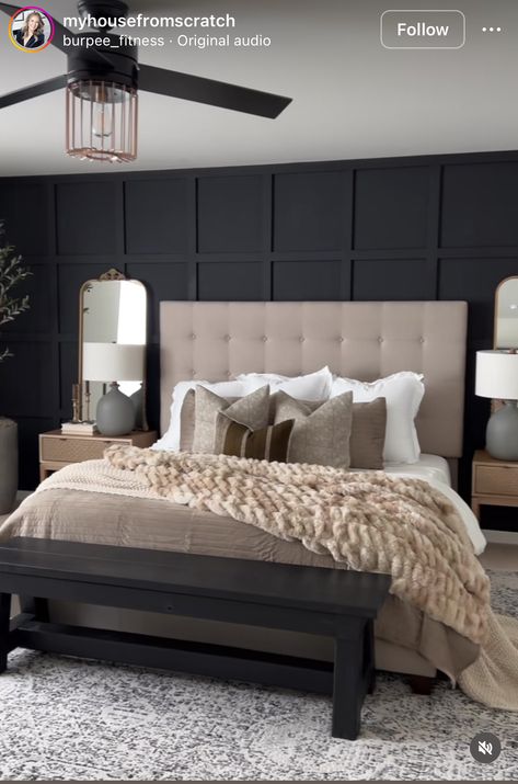 Master Bedrooms Decor With High Headboard, Black And Cream Master Bed, Grey Walls Bedroom Decor, Beige Upholstered Bedroom Ideas, Tall Headboard Bedroom Ideas, Black Velvet Headboard, Beige And Black Bedroom Ideas, Black And Beige Bedroom, Master Bedrooms Decor Modern