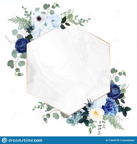 Royal blue, navy garden rose, white hydrangea flowers, anemone, thistle, eucalyptus. Illustration about botanical, anemone, black, foliage, drawing, design, geometry - 179643739 Boho Wedding Photography, Marble Frame, Floral Cards Design, Navy Flowers, Wedding Invitation Card Design, Hydrangea Flowers, Floral Border Design, Floral Drawing, Garden Rose