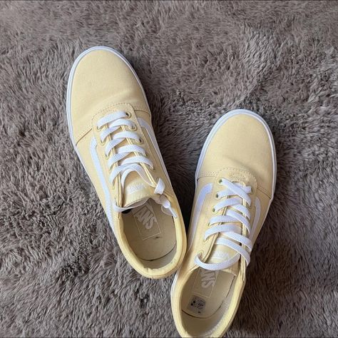 Yellow Vans - Depop Yellow Aesthetic Pastel, Yellow Vans, Yellow Sneakers, Cute Nike Shoes, Cute Nikes, Aesthetic Shoes, Yellow Aesthetic, Pastel Yellow, Equestria Girls