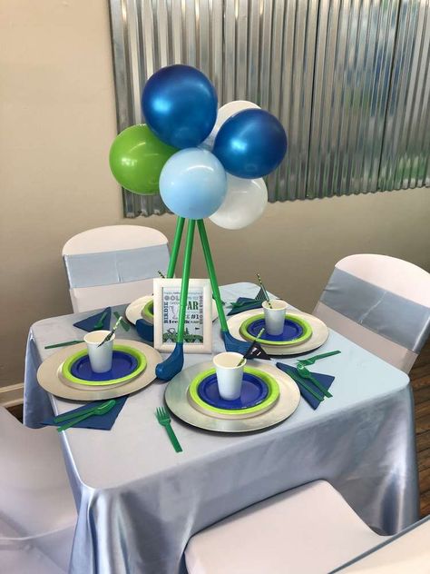 Golf Party Balloon Garland, Hole In One First Birthday Table Decor, Golf Balloon Centerpieces, Sports Birthday Party Ideas, Hole In One Birthday Party, Golf Crafts, Golf Theme Party, Birthday Golf, Balloons Decor