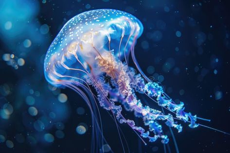 Bioluminescent jellyfish in ocean depths with glowing tentacles and mystical blue hue AI royalty free stock photography Bioluminescent Jellyfish, Ocean Depth, Art Prompts, Unique Image, Stock Photography Free, Blue Hues, Jellyfish, Stock Photography, Concept Art